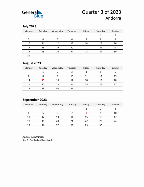 2023 Q3 Three-Month Calendar for Andorra