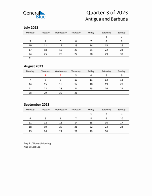 2023 Q3 Three-Month Calendar for Antigua and Barbuda