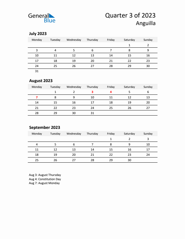 2023 Q3 Three-Month Calendar for Anguilla