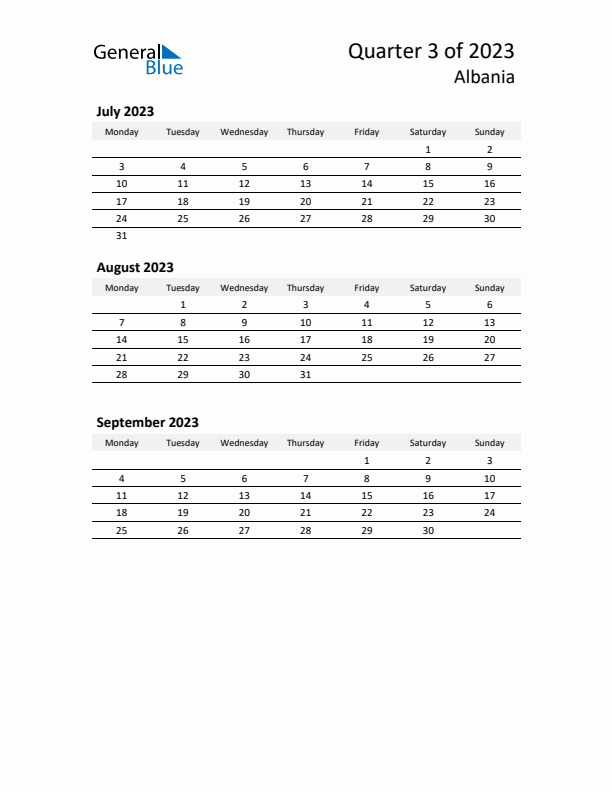 2023 Q3 Three-Month Calendar for Albania