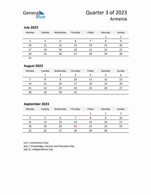 2023 Q3 Three-Month Calendar for Armenia