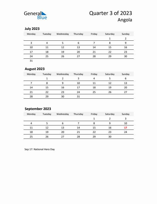 2023 Q3 Three-Month Calendar for Angola