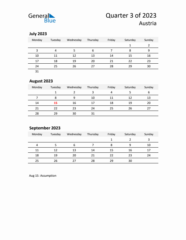 2023 Q3 Three-Month Calendar for Austria