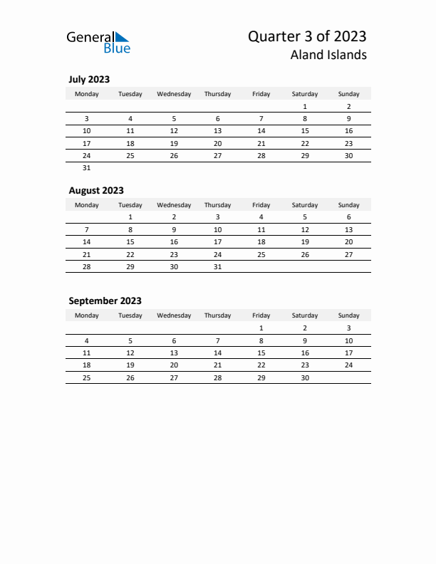 2023 Q3 Three-Month Calendar for Aland Islands