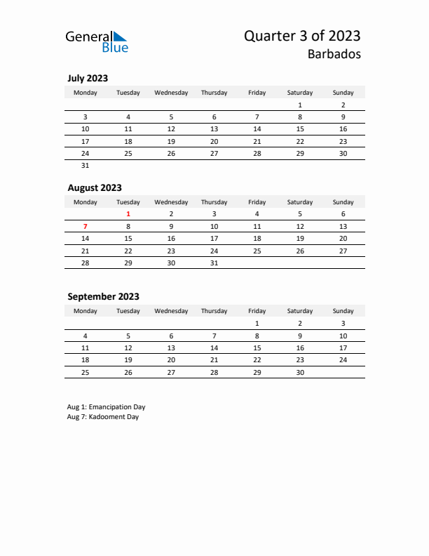 2023 Q3 Three-Month Calendar for Barbados