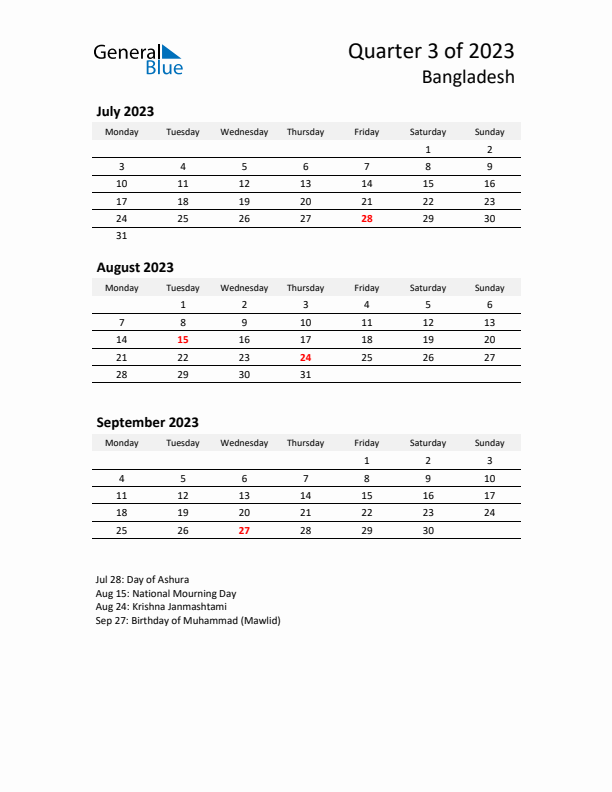 2023 Q3 Three-Month Calendar for Bangladesh