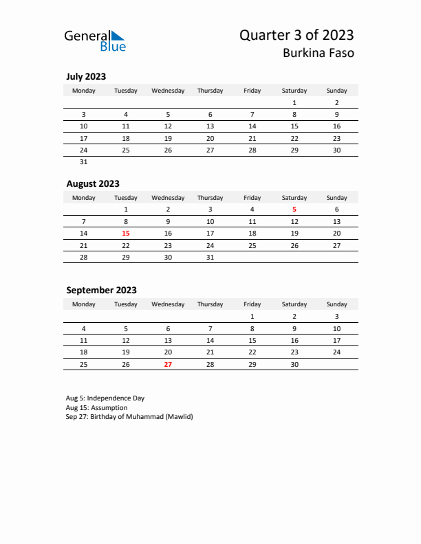 2023 Q3 Three-Month Calendar for Burkina Faso