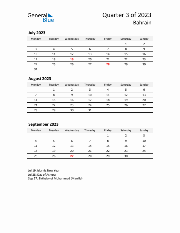 2023 Q3 Three-Month Calendar for Bahrain