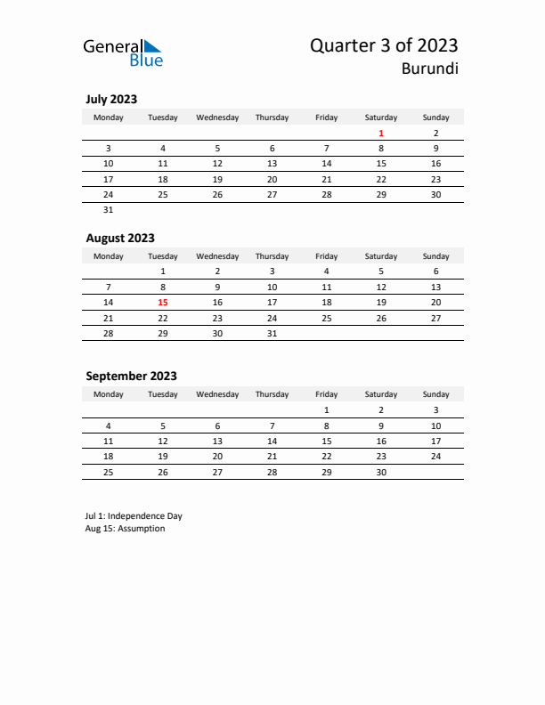 2023 Q3 Three-Month Calendar for Burundi