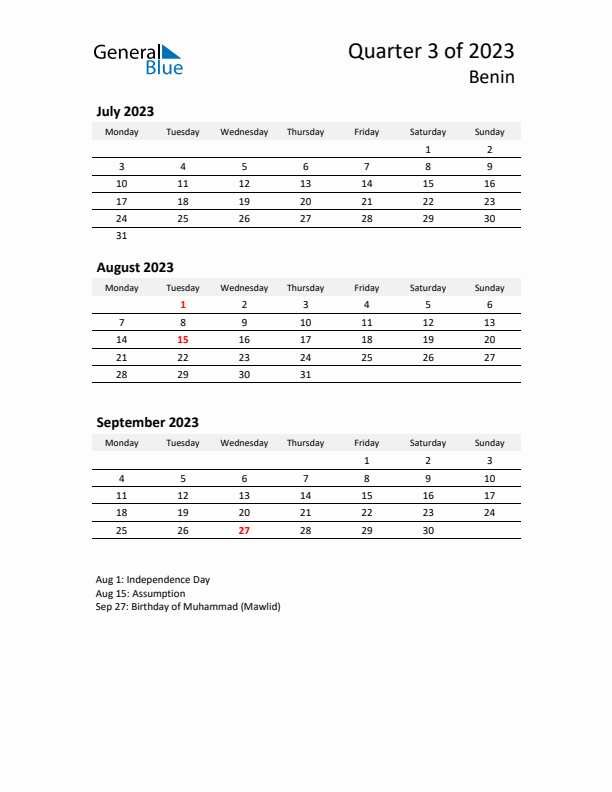 2023 Q3 Three-Month Calendar for Benin