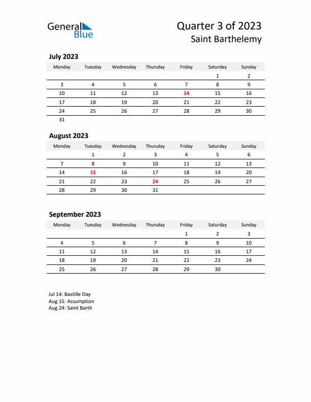 2023 Q3 Three-Month Calendar for Saint Barthelemy