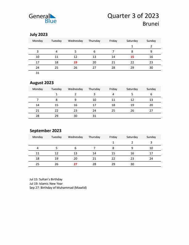 2023 Q3 Three-Month Calendar for Brunei