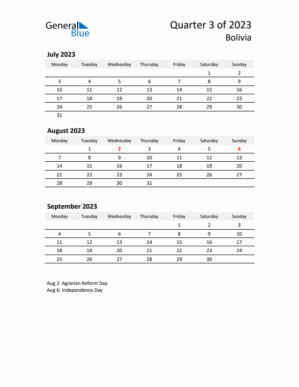 2023 Q3 Three-Month Calendar for Bolivia