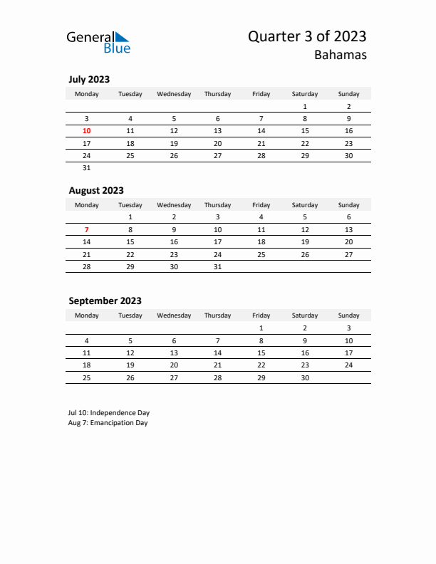 2023 Q3 Three-Month Calendar for Bahamas