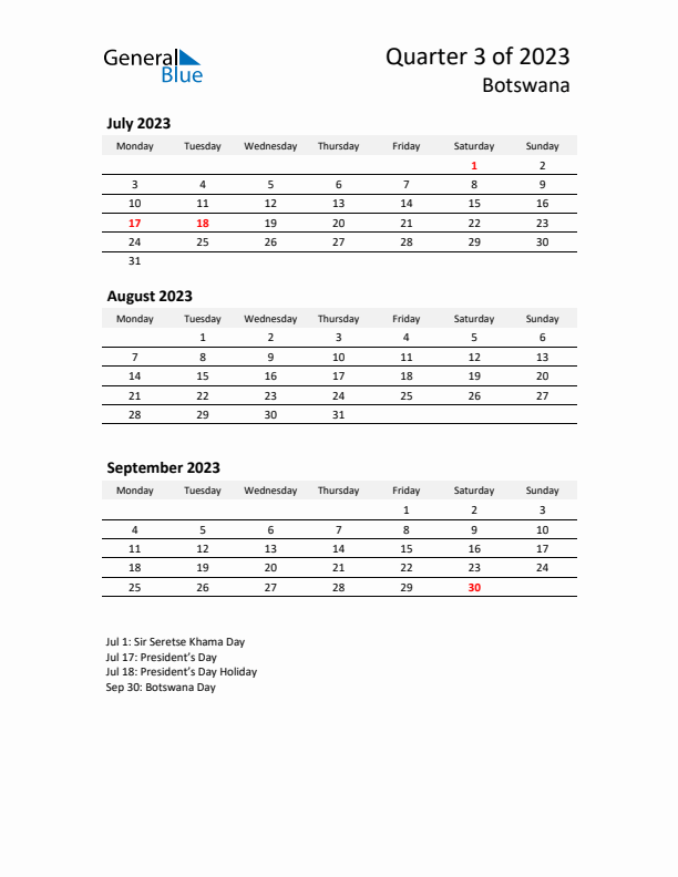 2023 Q3 Three-Month Calendar for Botswana