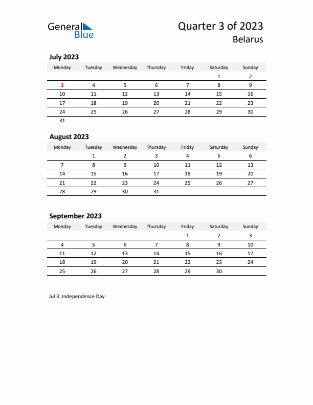 2023 Q3 Three-Month Calendar for Belarus