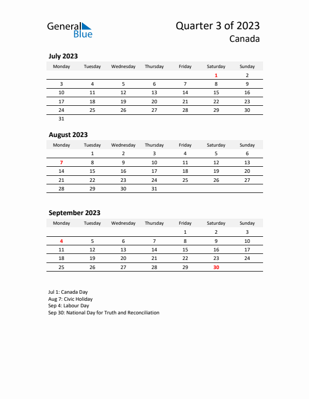 2023 Q3 Three-Month Calendar for Canada