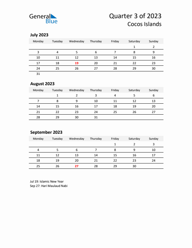 2023 Q3 Three-Month Calendar for Cocos Islands