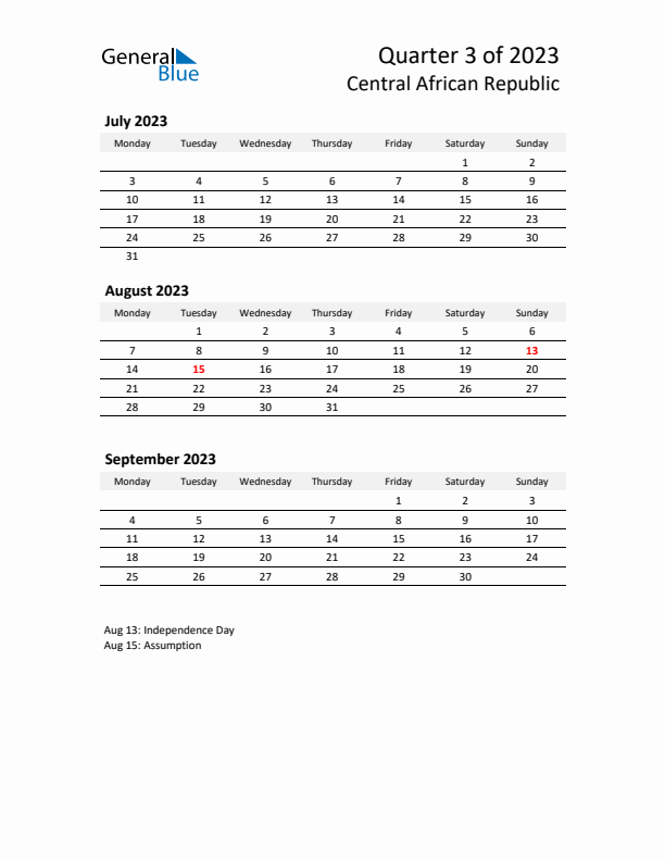 2023 Q3 Three-Month Calendar for Central African Republic