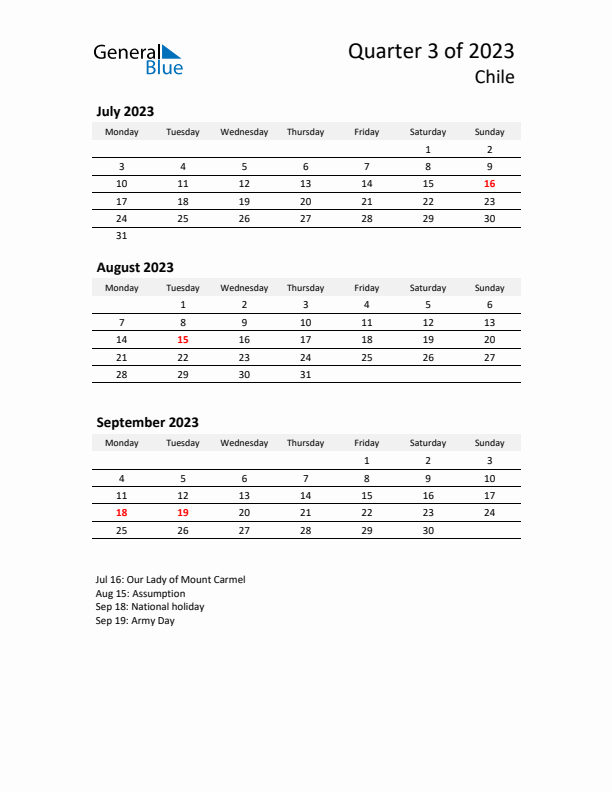 2023 Q3 Three-Month Calendar for Chile