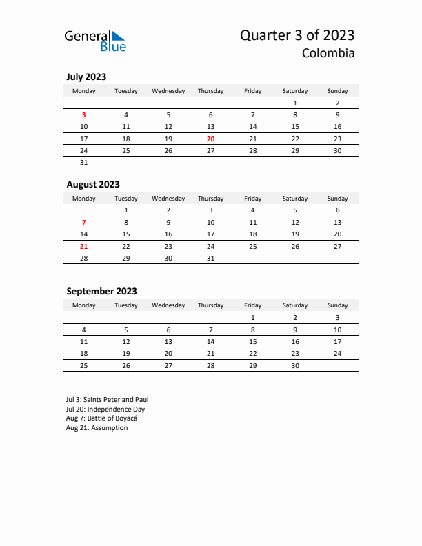 2023 Q3 Three-Month Calendar for Colombia