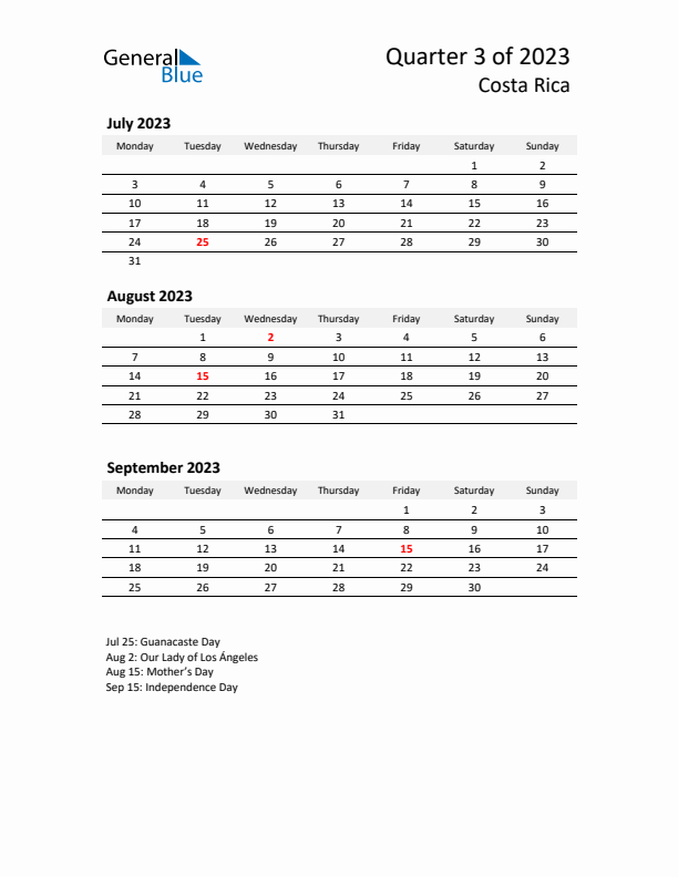 2023 Q3 Three-Month Calendar for Costa Rica