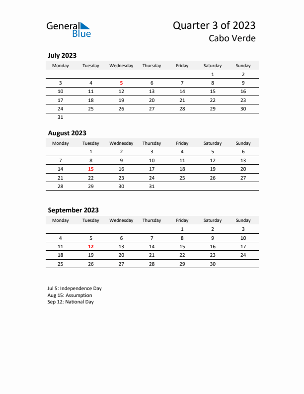 2023 Q3 Three-Month Calendar for Cabo Verde