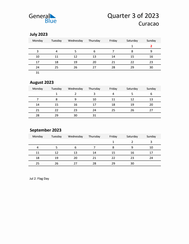 2023 Q3 Three-Month Calendar for Curacao