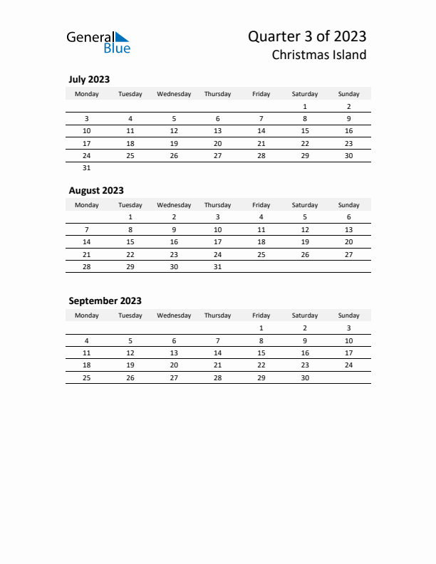 2023 Q3 Three-Month Calendar for Christmas Island