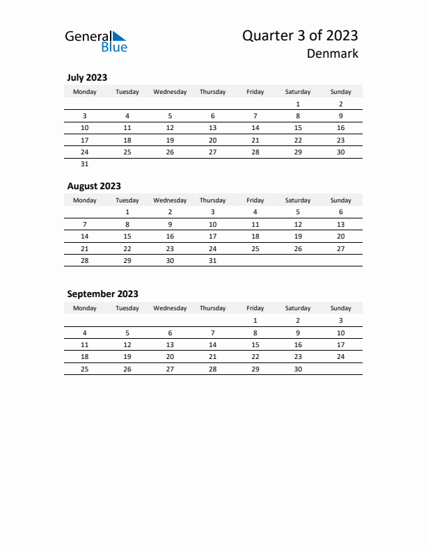 2023 Q3 Three-Month Calendar for Denmark