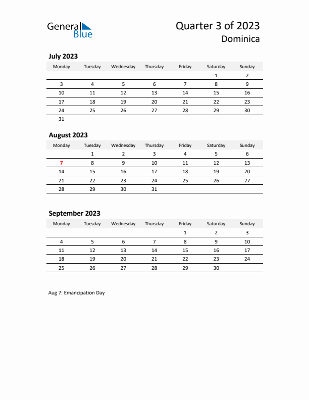 2023 Q3 Three-Month Calendar for Dominica