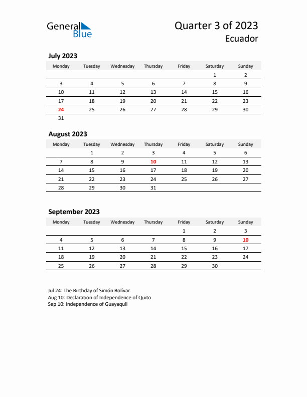 2023 Q3 Three-Month Calendar for Ecuador