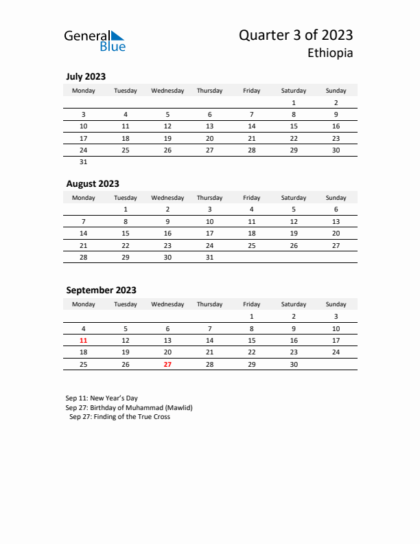 2023 Q3 Three-Month Calendar for Ethiopia