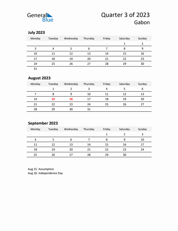 2023 Q3 Three-Month Calendar for Gabon