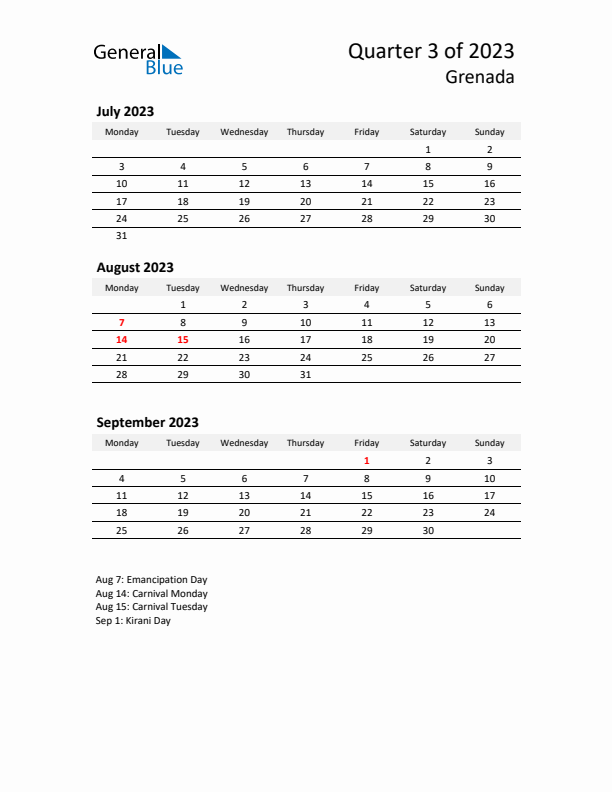 2023 Q3 Three-Month Calendar for Grenada