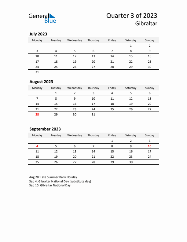 2023 Q3 Three-Month Calendar for Gibraltar