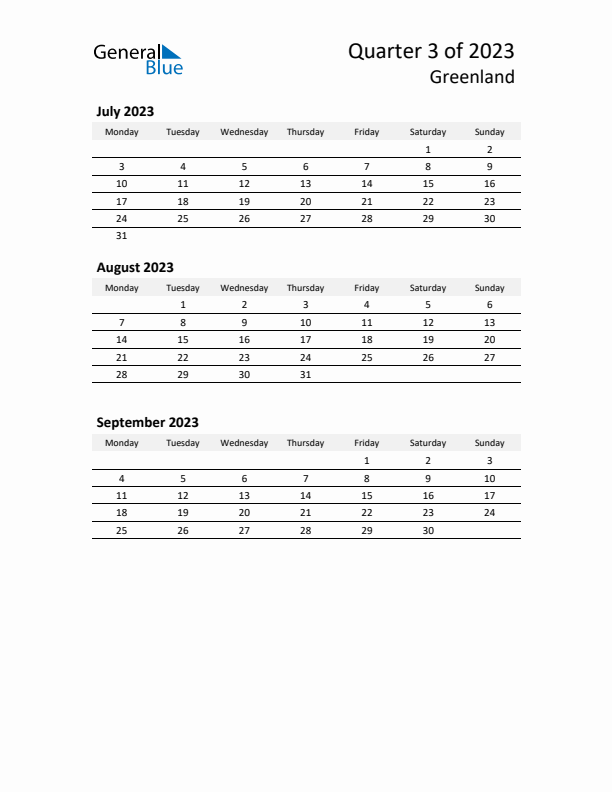 2023 Q3 Three-Month Calendar for Greenland