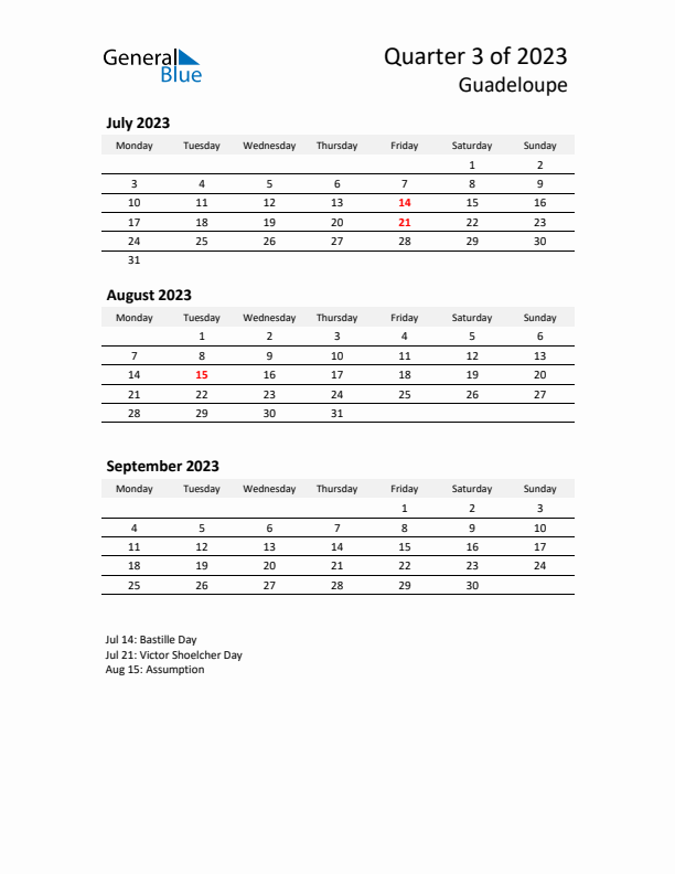 2023 Q3 Three-Month Calendar for Guadeloupe