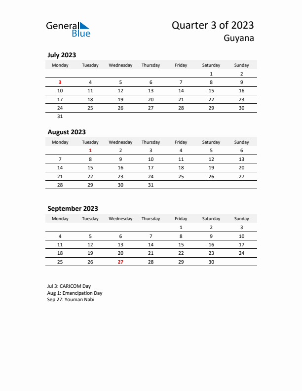 2023 Q3 Three-Month Calendar for Guyana