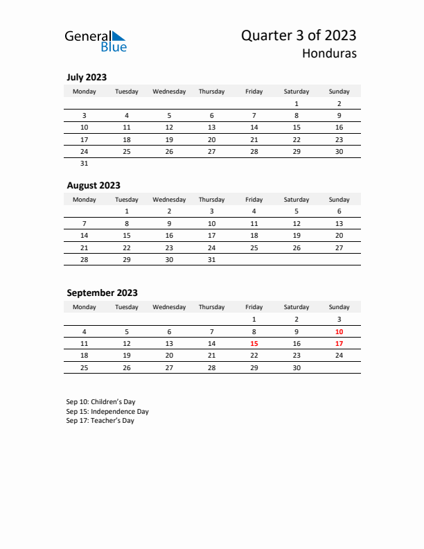 2023 Q3 Three-Month Calendar for Honduras