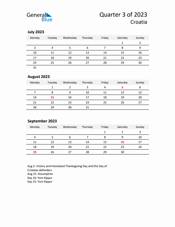 2023 Q3 Three-Month Calendar for Croatia