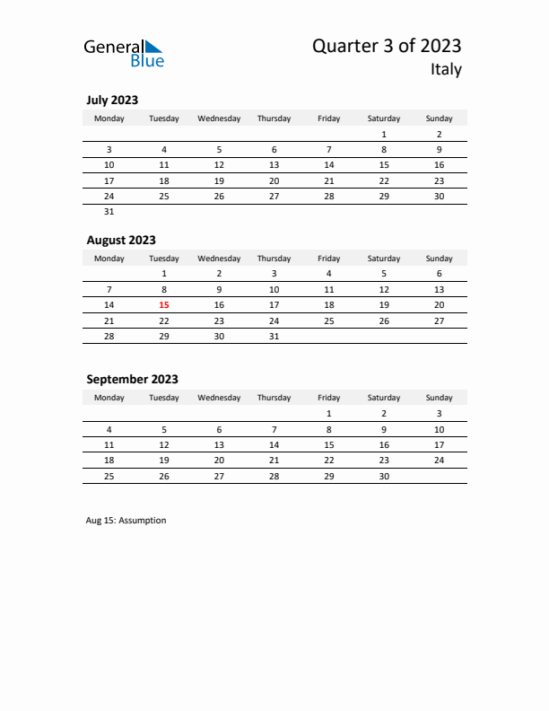 2023 Q3 Three-Month Calendar for Italy