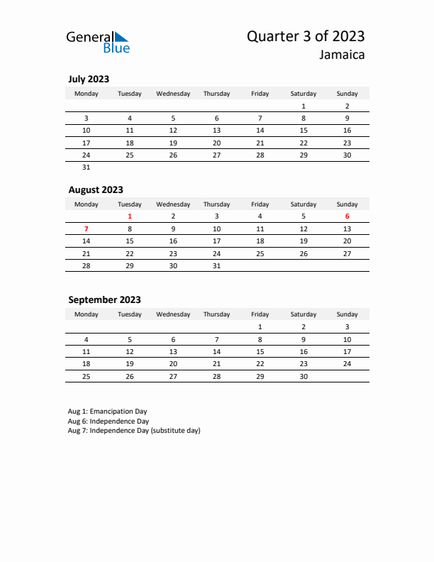 2023 Q3 Three-Month Calendar for Jamaica