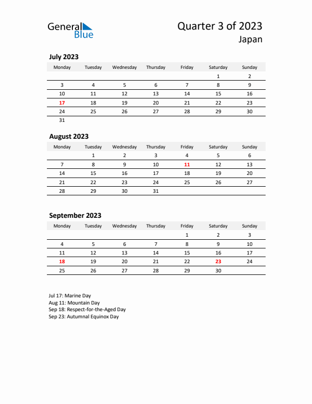 2023 Q3 Three-Month Calendar for Japan