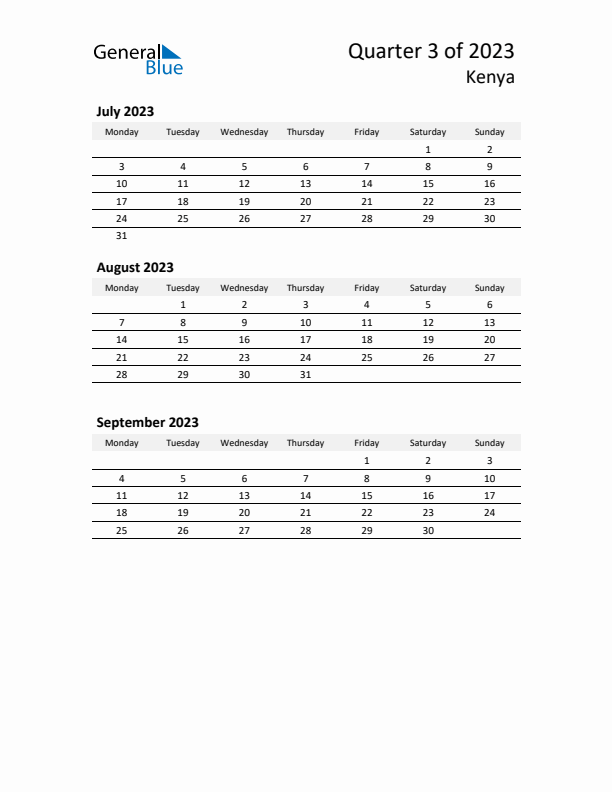 2023 Q3 Three-Month Calendar for Kenya