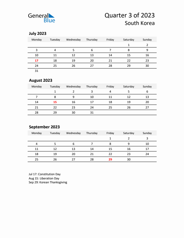 2023 Q3 Three-Month Calendar for South Korea