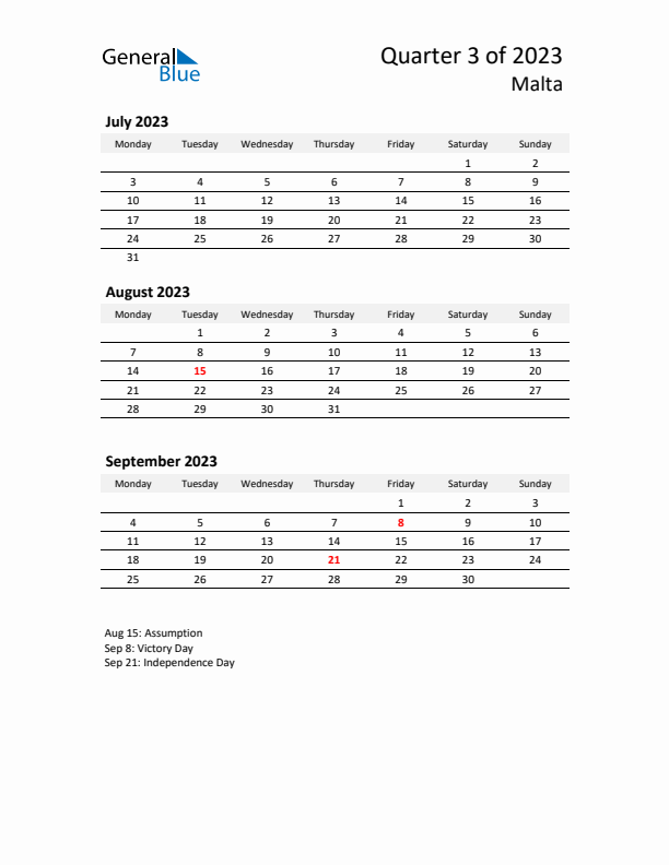 2023 Q3 Three-Month Calendar for Malta