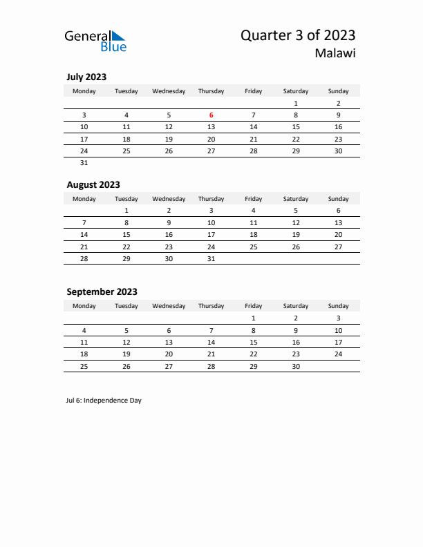 2023 Q3 Three-Month Calendar for Malawi