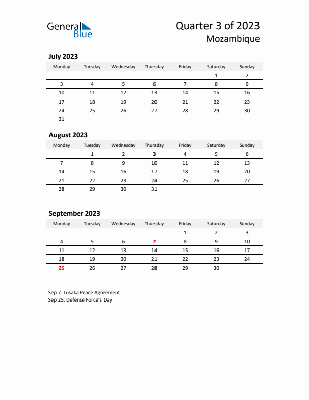 2023 Q3 Three-Month Calendar for Mozambique