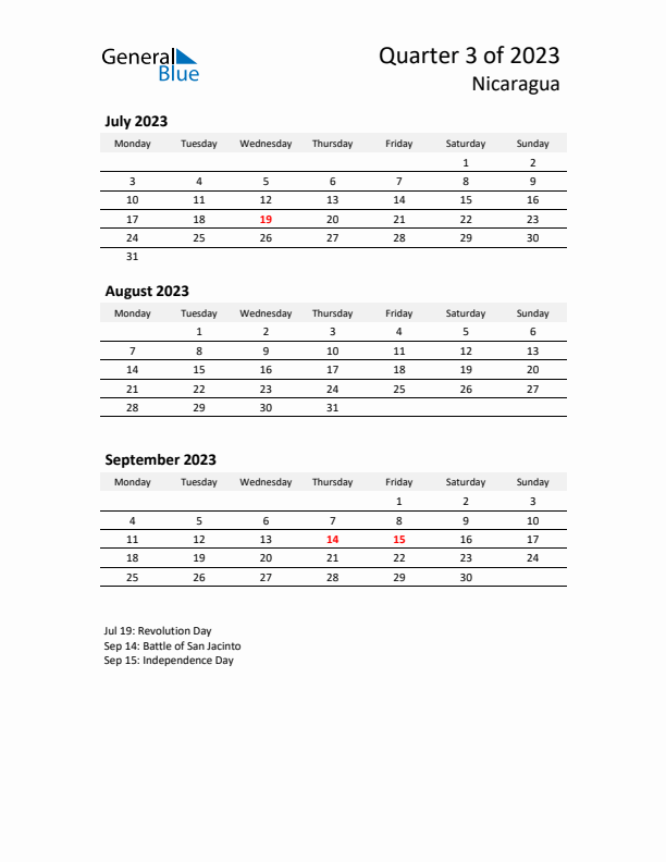 2023 Q3 Three-Month Calendar for Nicaragua